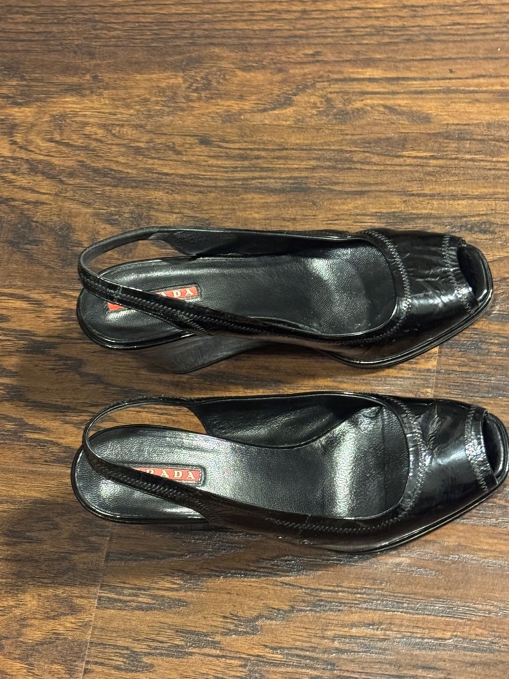 Prada Black Patent Slingback Peep-Toe Wedge Pumps - Picture 6 of 15